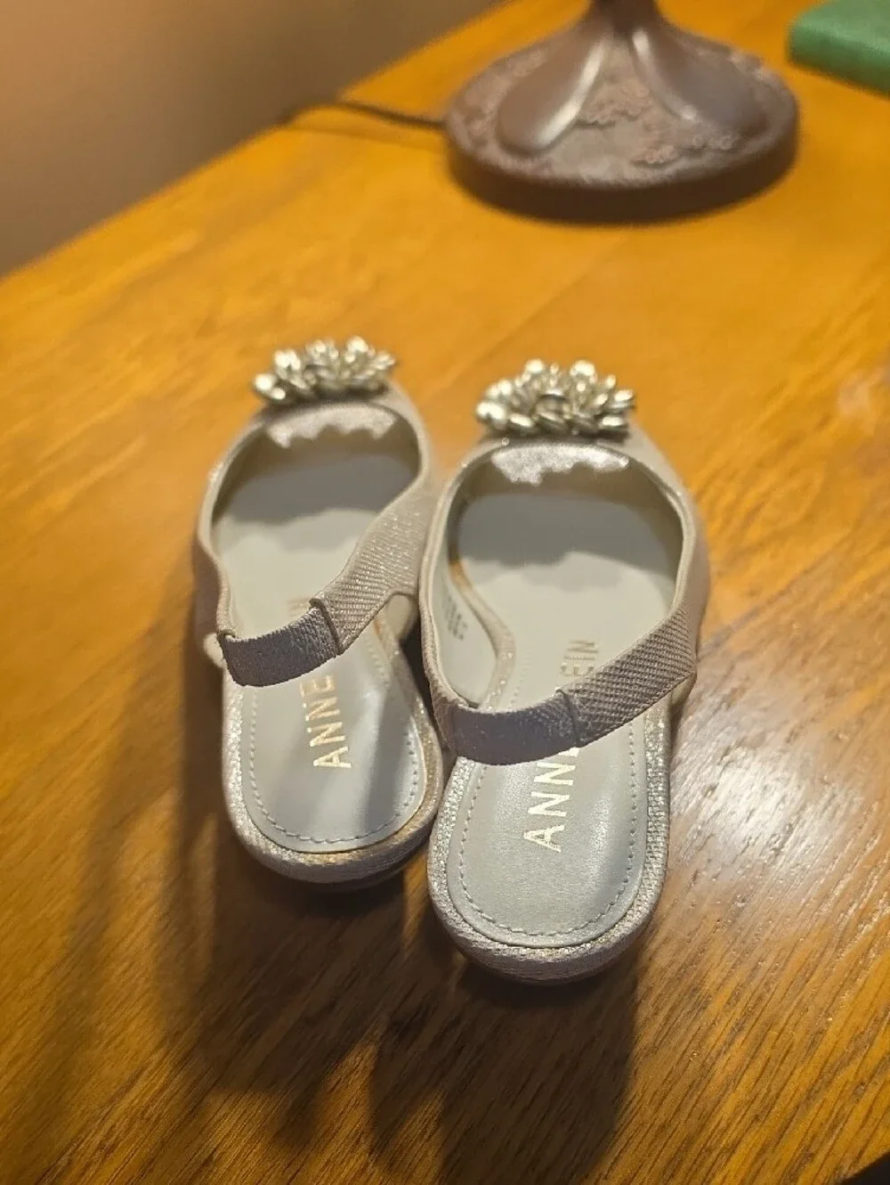Anne Klein Silver Peep-Toe Slingback Heels with Floral Ornament